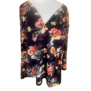 ModCloth Women's 1X Floral Print Long‎ Sleeve V-Neck Tunic Top Blouse